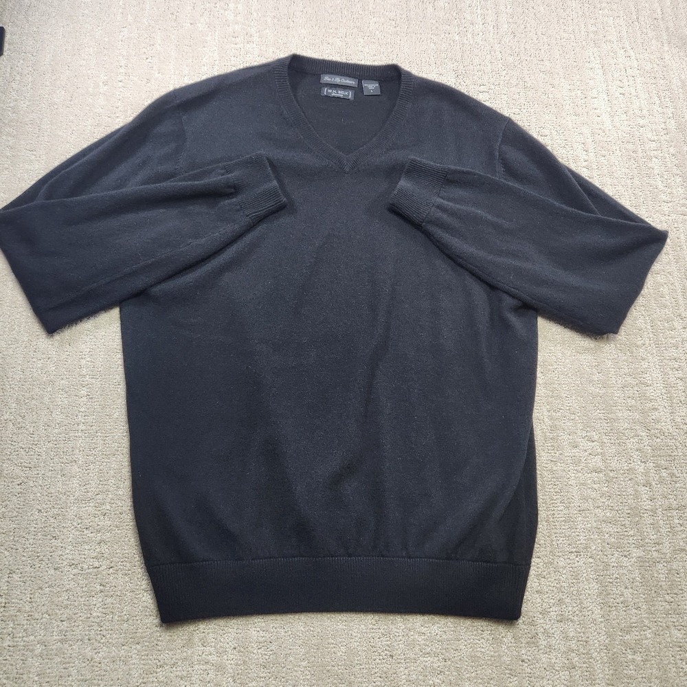 100% Cashmere Sweater Men Large Black V Neck 2 Ply WH Belk Wealth Luxury